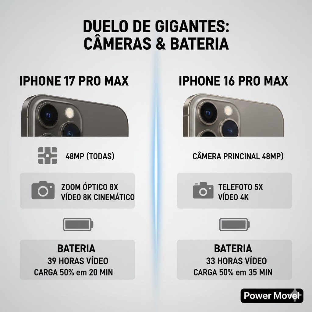 comparativo das câmeras e baterias do iphone 17 pro max versus iphone 16 pro max