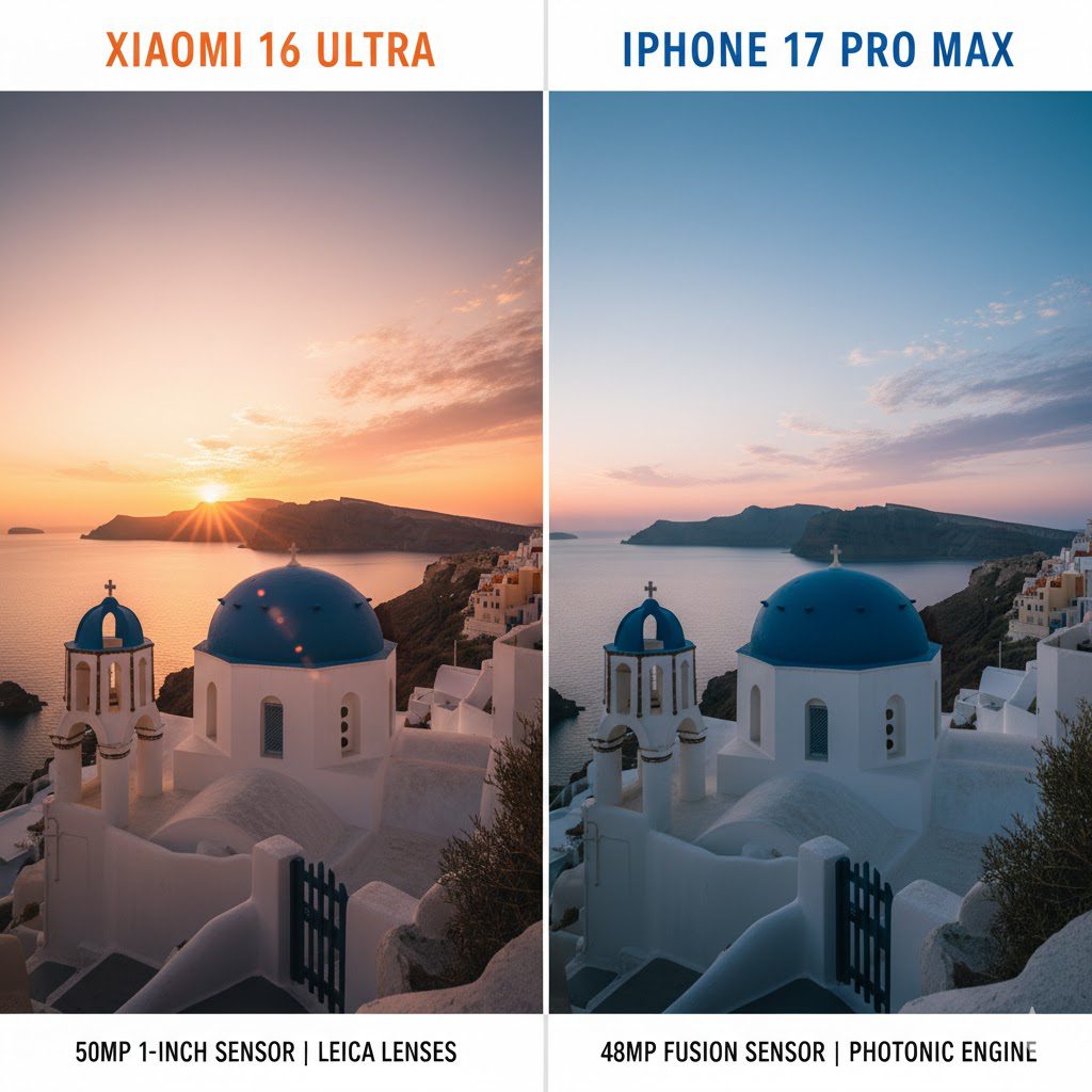 imagem comparativa das câmeras xiaomi 16 ultra versus iphone 17 pro max